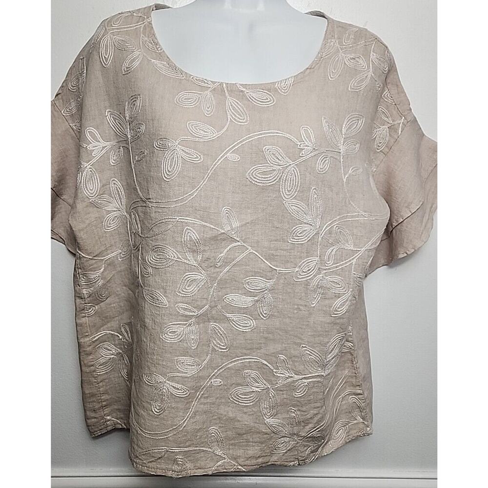 Valentina Naldi Womens S Linen S/S Boxy Blouse Top Beige Embroidered Italy